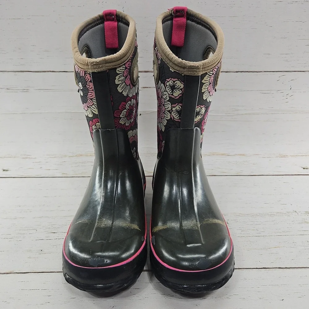 Bogs Boots Youth Size 3 Gray Pink Pansies Pull On Winter Rain Waterproof 72158